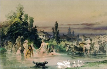  romantic - bathing nudes in river rural Amadeo Preziosi Neoclassicism Romanticism